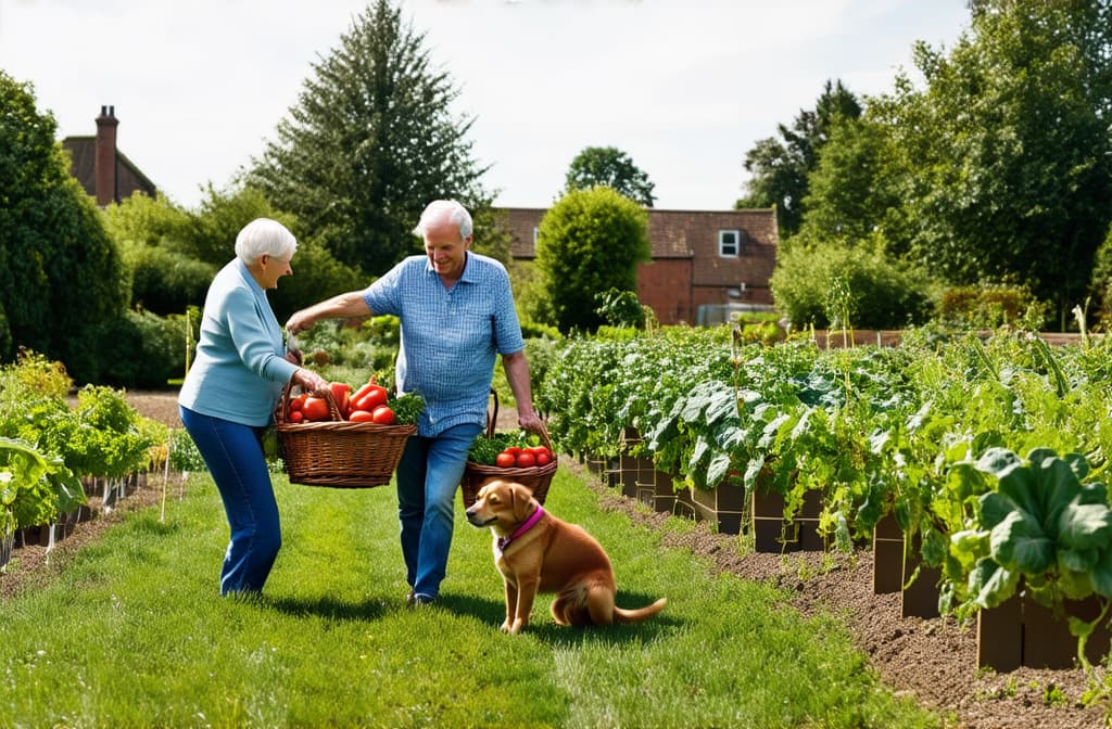  a retired couple working together in a vegetable garden, harvesting fresh produce into baskets, with their dog playing nearby. ar 3:2 {prompt}, maximum details