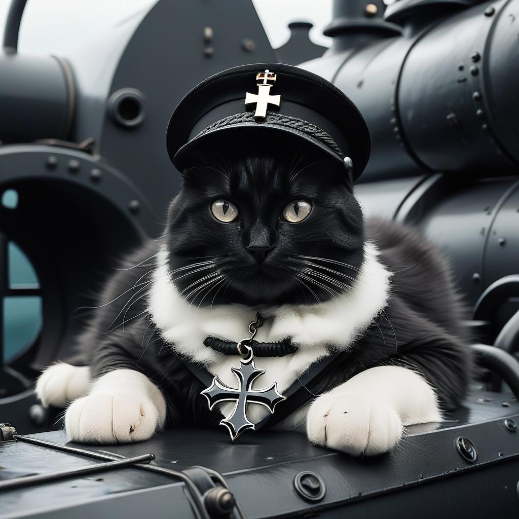  furry black cat with a german knightly cross, in a black white cap, in a submarine