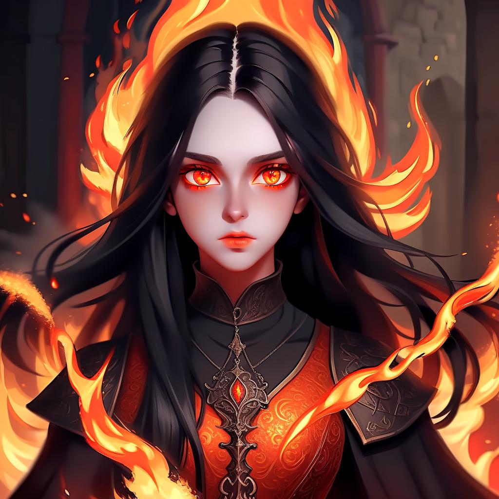  breathtaking the girl is covered with fire, bright red skin, black long hair, orange eyes, medieval clothes . award winning, professional, highly detailed