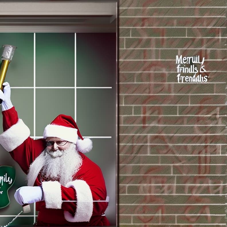  a man with a white beard mid to late 40s wearing a full santa suit painting the words on a long wall with a paint roller and an extension pole that says merry christmas friends and family welcome.