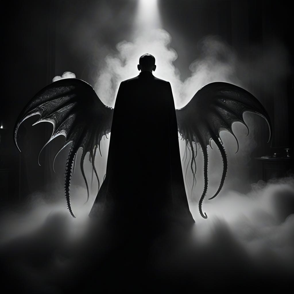  film noir style a creature in a priest's mantle in a sticky shiny slime bent into the fog and light of yellow lights smoke red sparks spikes terror of lovecraft's tentacles necronomicon and rings of slime wings . monochrome, high contrast, dramatic shadows, 1940s style, mysterious, cinematic