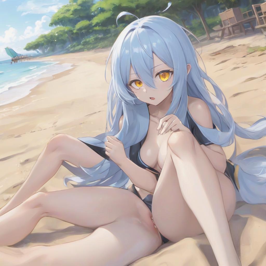  anime artwork rimuru tempest, one , golden eyes, bare s, on the beach . anime style, key visual, vint, studio anime, highly detailed