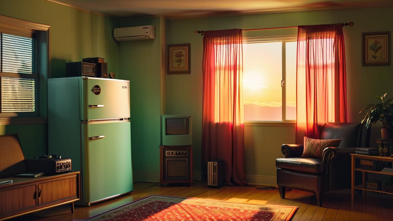  a dimly lit living room featuring a large, old refrigerator humming loudly, a glowing tv screen with power indicators, and a neglected air conditioning unit, all surrounded by solar panels visible through a window. hyperrealistic, full body, detailed clothing, highly detailed, cinematic lighting, stunningly beautiful, intricate, sharp focus, f/1. 8, 85mm, (centered image composition), (professionally color graded), ((bright soft diffused light)), volumetric fog, trending on instagram, trending on tumblr, HDR 4K, 8K