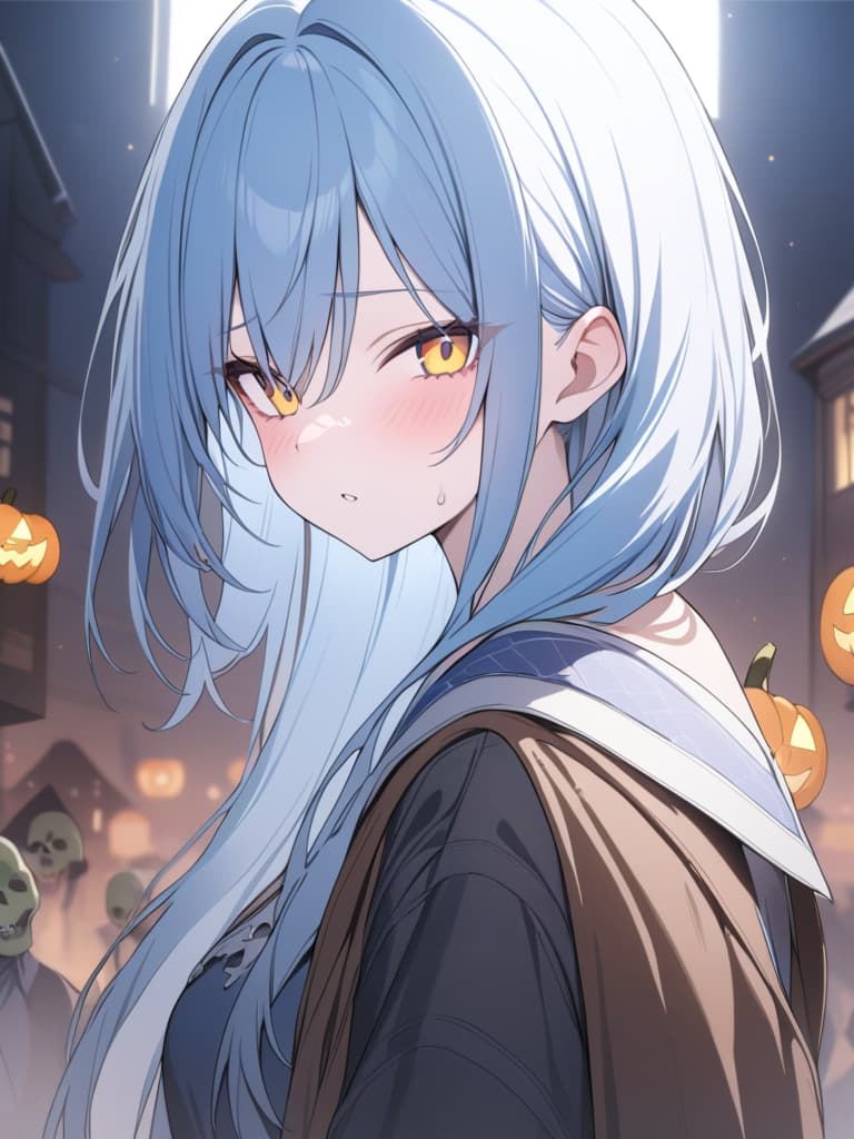  halloween, background yellow, zombie, bob hair, light blue, light blue hair, masterpiece, best quality,8k,ultra detailed,high resolution,an extremely delicate and beautiful,hyper detail