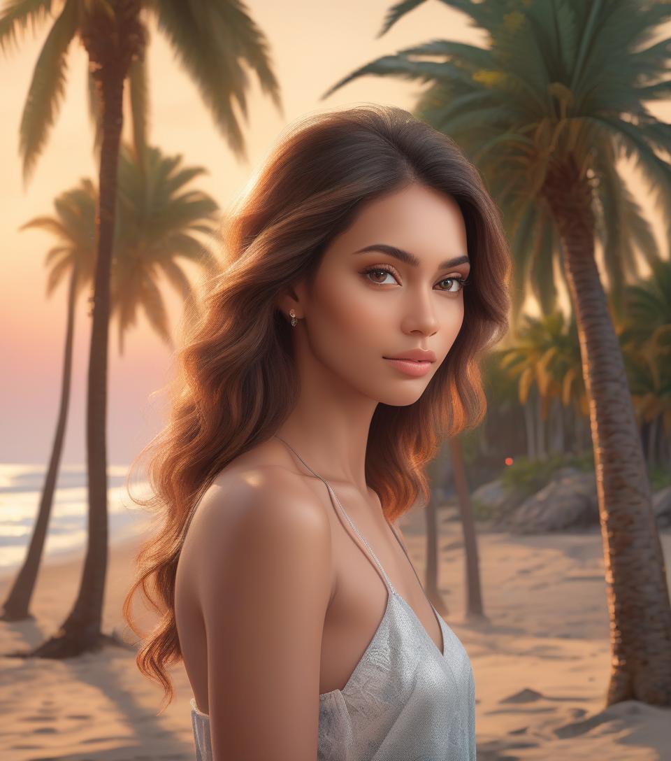  a stunning portrait of a beautiful woman, capturing every detail in high resolution and ultra detailed realistic style. her lifelike colors radiate a vibrant palette, reflecting the warm hues of a glowing sunset over a tranquil beach scene. the photorealistic image showcases the intricacies of her features, bringing out the true textures of her skin under the hdri lighting. the professional composition utilizes both sharp focus and bokeh, perfectly balancing the depth of the scene and highlighting the physical beauty of the subject. set against the backdrop of crashing waves and lush palm trees, this image is a true masterpiece of physically based rendering, beautifully