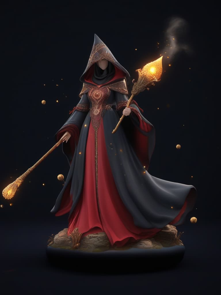  the best masterpiece, (((wizards) of the wizard)), a luxurious hooded robe, (gold embroidery on a dark blue area close to black), (with a lot of decorations), (luxurious shoulder paddy: (((red balls that emit light in the ribs: 1.7))), high image quality, 16k with a gorgeous witch cane floating with black jewels