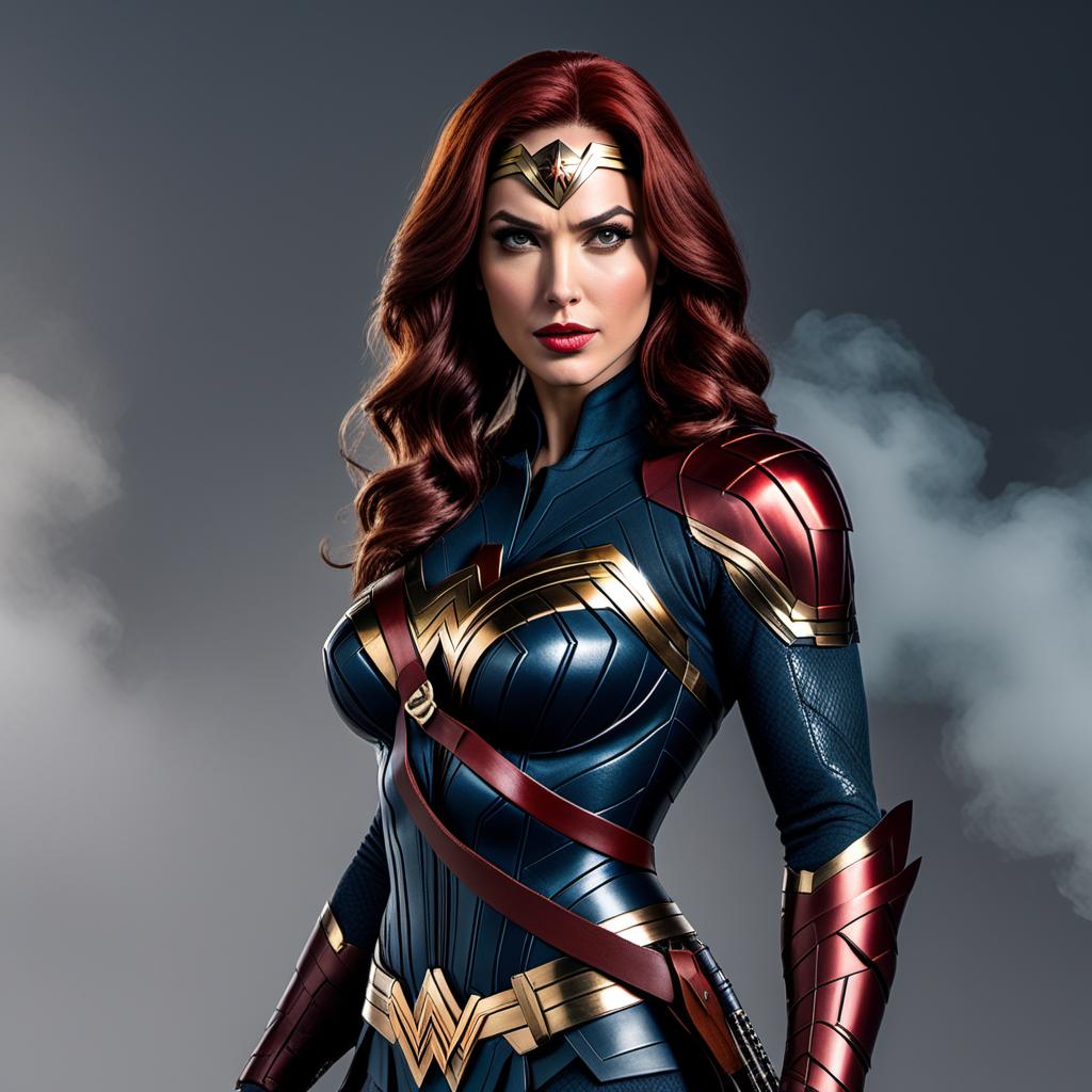  A highly detailed comic-style character design combining Wonder Woman and Black Widow. The character should blend Wonder Woman's Amazonian warrior look with Black Widow's sleek, espionage style. Integrate elements such as Wonder Woman's tiara, armor, Lasso of Truth, and sword with Black Widow's tactical suit, wrist gauntlets, and utility belt. The character should be in a dynamic, battle-ready pose, showcasing both Wonder Woman's strength and combat skills and Black Widow's agility and stealth. hyperrealistic, full body, detailed clothing, highly detailed, cinematic lighting, stunningly beautiful, intricate, sharp focus, f/1. 8, 85mm, (centered image composition), (professionally color graded), ((bright soft diffused light)), volumetric fog, trending on instagram, trending on tumblr, HDR 4K, 8K