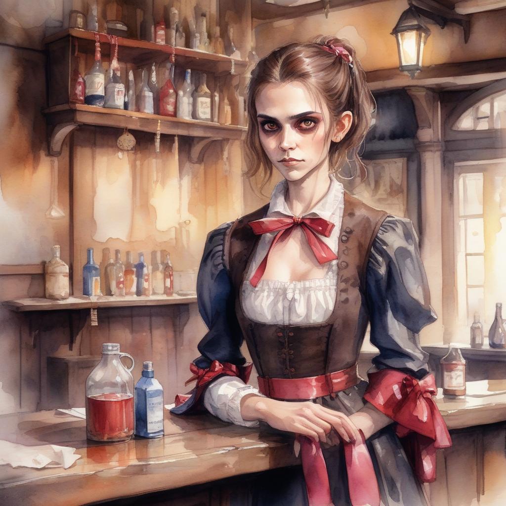  watercolor painting a young vampire with brown hair tied with ribbon in a tavern behind a counter in dirty clothes . vibrant, beautiful, painterly, detailed, textural, artistic