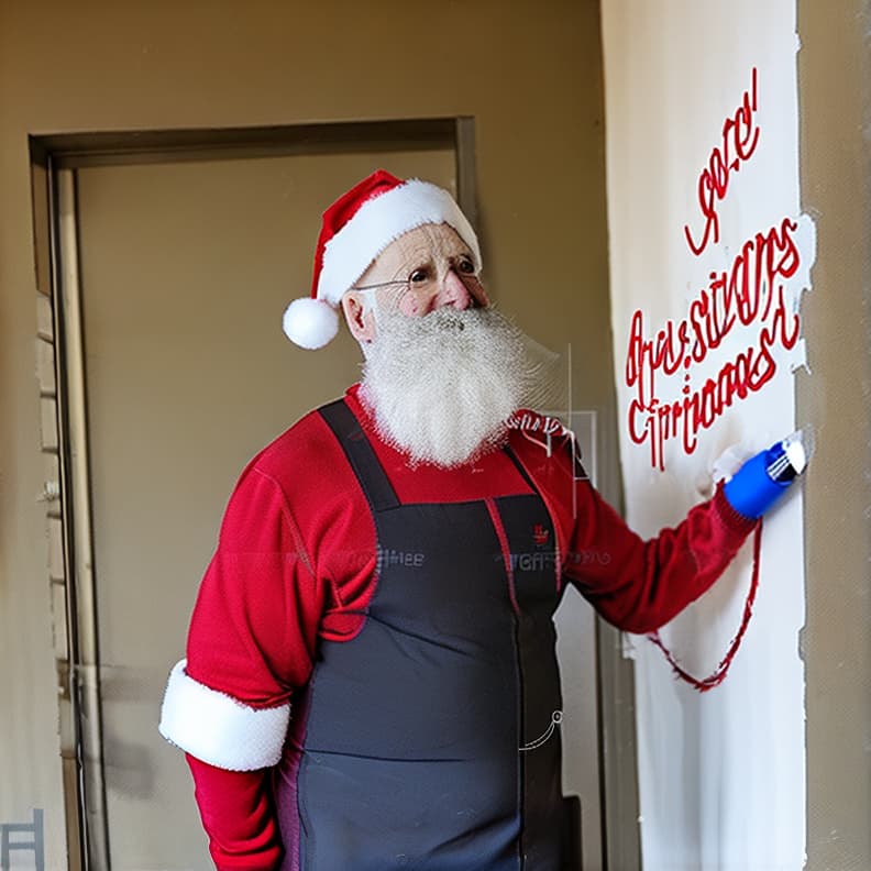  a man with a white beard mid to late 40s wearing a full santa suit painting the words on a long wall with a paint roller and an extension pole that says merry christmas friends and family welcome.