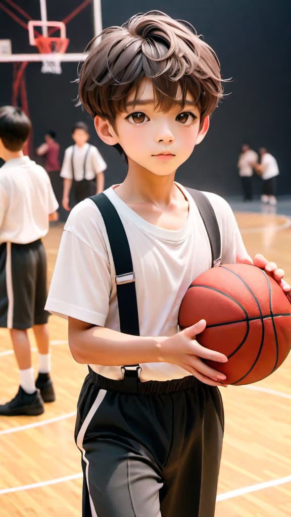  A boy, comely, gray split, suspenders, holding a basketball, two and a half years of trainees, studio, performance