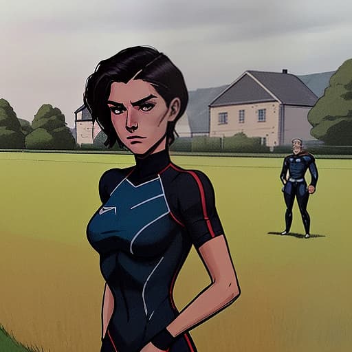  draw a scene from the comic book the general scene. training ground. a field near the house. 1f. polyana, the heroine of a with dark short hair on her training, next to the mentor an elderly man, watching.