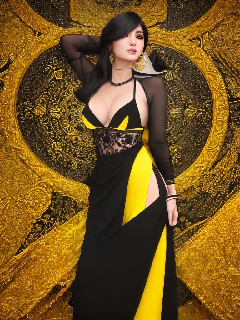  Golden yellow and sleek black color palette, captivating and inviting expression, exuding elegance and charm, magnetic beauty, intricate details, high contrast, luxurious feel, digital art, female, glossy finish, striking composition, dynamic lighting to enhance features.