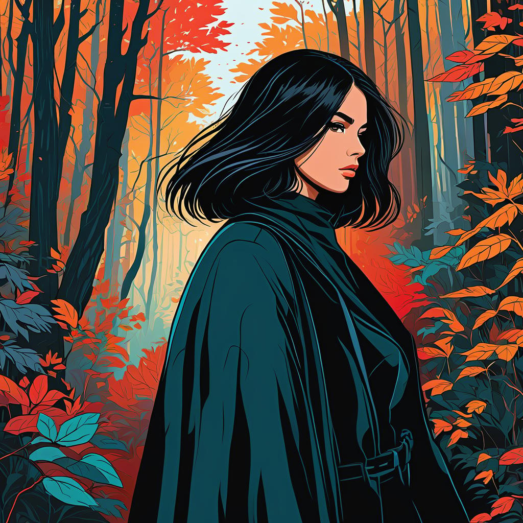  line art drawing 1 girl, colorful forest, girls colors are more mute compared to her surroundings, long straight black hair, brown skin, black rogue outfit, no face cover, tired, annoyed, fantasy setting,. professional, sleek, modern, minimalist, graphic, line art, vector graphics