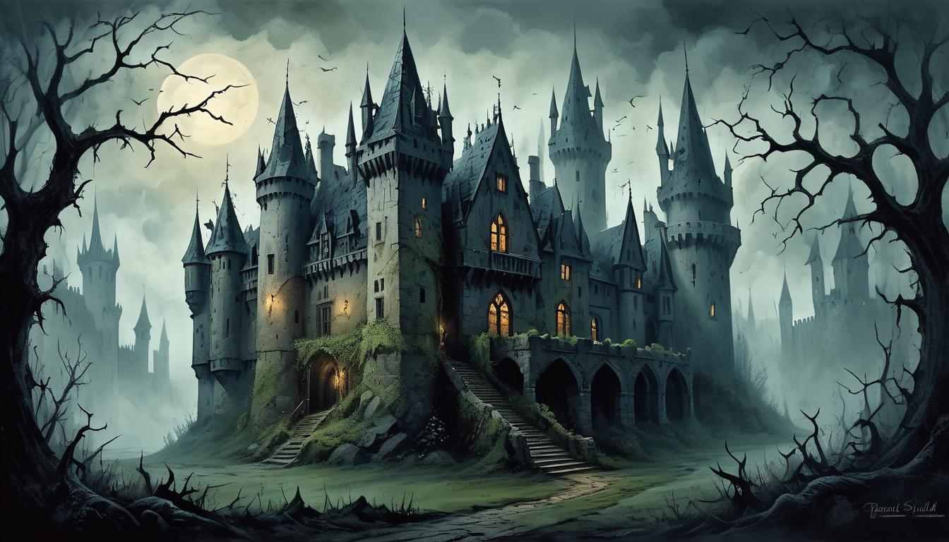  on parchment, surrealism+++, gothic castle with shattered windows, castle shrouded in dark mist, overgrown with thorns, foreboding atmosphere(mysterious, provocative, symbolic,muted color)+++