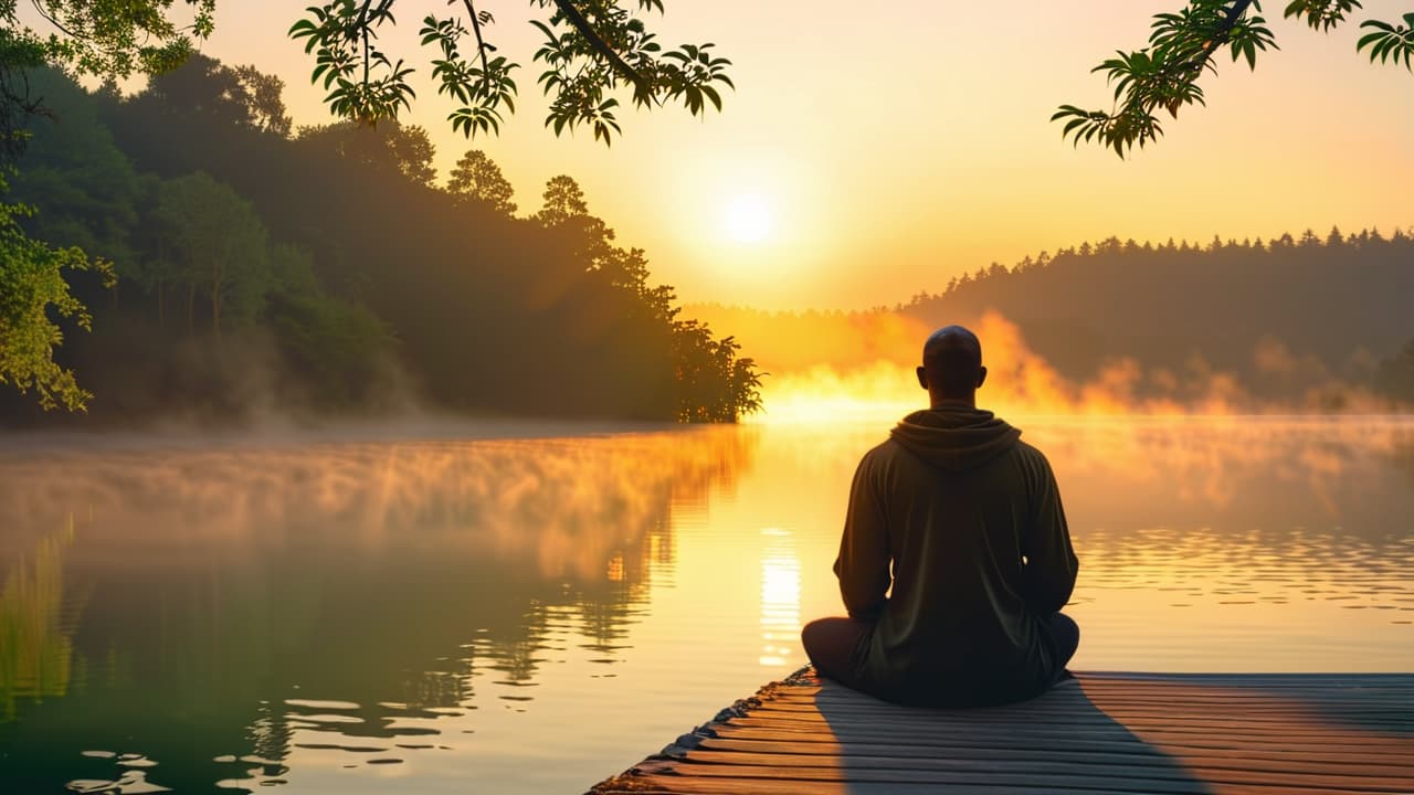  a serene sunrise breaking over a calm lake, casting golden light on a peaceful figure meditating on a dock, surrounded by lush greenery, with a steaming cup of tea nearby, embodying tranquility and reflection. hyperrealistic, full body, detailed clothing, highly detailed, cinematic lighting, stunningly beautiful, intricate, sharp focus, f/1. 8, 85mm, (centered image composition), (professionally color graded), ((bright soft diffused light)), volumetric fog, trending on instagram, trending on tumblr, HDR 4K, 8K