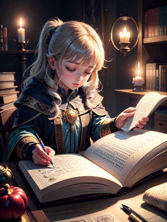  master piece, best quality, ultra detailed, highres, 4k.8k, illustrator, drawing an enchanted book, focused, break magic grimoire, art studio, pencils, sketchbook, candle, parchment, break mystical, soft glowing light, faint sparkles,