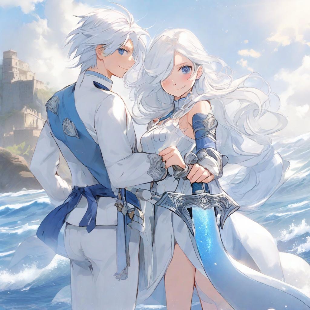  of course, the following is a summary of keywords about funina and doria: ### funina * **clothing**: blue and white, fresh and elegant, unique elements, holding a blue one handed sword * **appearance**: white hair, delicate face, noble temperament ### doria * **clothing**: marine elements, mermaid form, special accessories * **appearance**: cute and cute hair, delicate face, smart body these two people (female) met on the ocean