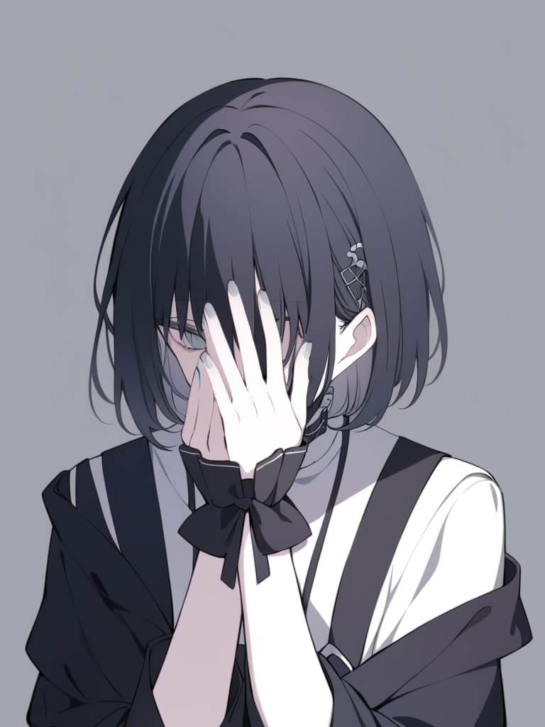  "a male 'jirai kei' character with black hair,wearing dark clothing,covering part of his face with one hand. the character has a mysterious and delicate appearance,with slightly messy short hair,black clothing with subtle silver accessories,and a melancholic expression. no red elements. the background is simple and does not distract from the character's dark,moody aesthetic."