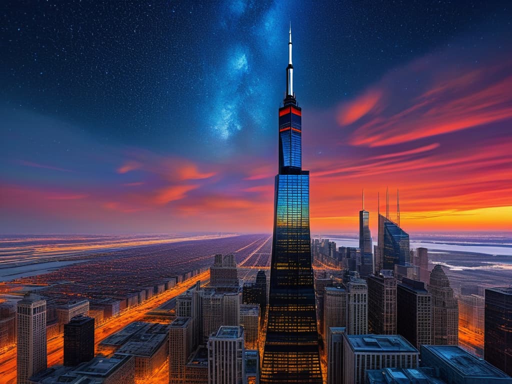  ethereal fantasy concept art of sears tower, crain's communications building, drone view, tilt shift, van gogh's starry night, colorful red orange swirls, cloud gate, hyper realistic, chicago skyline, mesmerizing, intricate details, flambient golden red sunrise, dramatic lighting, epic composition, wide angle, cinematic, masterpiece, 4k, raw photo, van gogh influence, studio lighting, impressionist, bold colors, starry sky, architectural elements, medium format lens, high angle, cityscape, city life, metropolitan, van gogh's brushstrokes, van gogh's shadows, van gogh's colors, van gogh's textures, nighttime, city scene, streets, night cityscape. magnificent, celestial, ethereal, painterly, epic, majestic, magical, fantasy art, cover art, dr