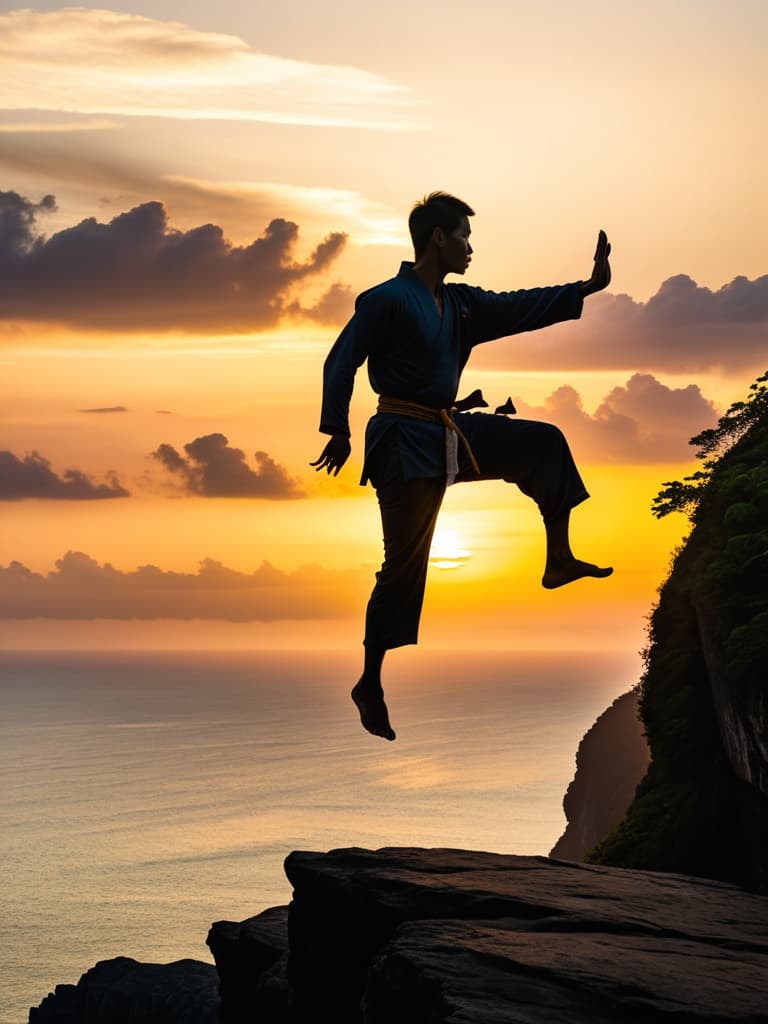  Close up of the silhouette of a man doing Thai Chi on a cliff overlooking the ocean with a sunrise in the background. RAW, realistic