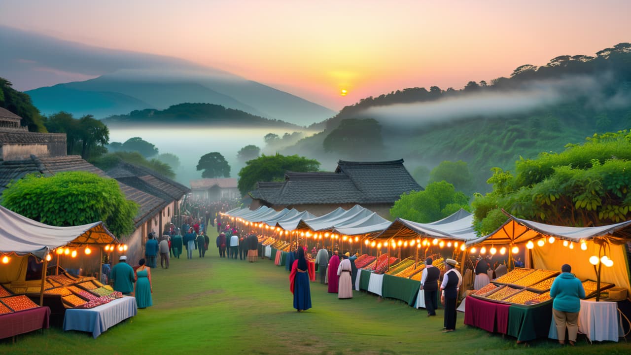  a picturesque landscape showcasing ancient ruins, a vibrant local market, traditional crafts, and diverse cultural festivals, all interwoven with natural beauty, symbolizing the richness of heritage tourism. hyperrealistic, full body, detailed clothing, highly detailed, cinematic lighting, stunningly beautiful, intricate, sharp focus, f/1. 8, 85mm, (centered image composition), (professionally color graded), ((bright soft diffused light)), volumetric fog, trending on instagram, trending on tumblr, HDR 4K, 8K