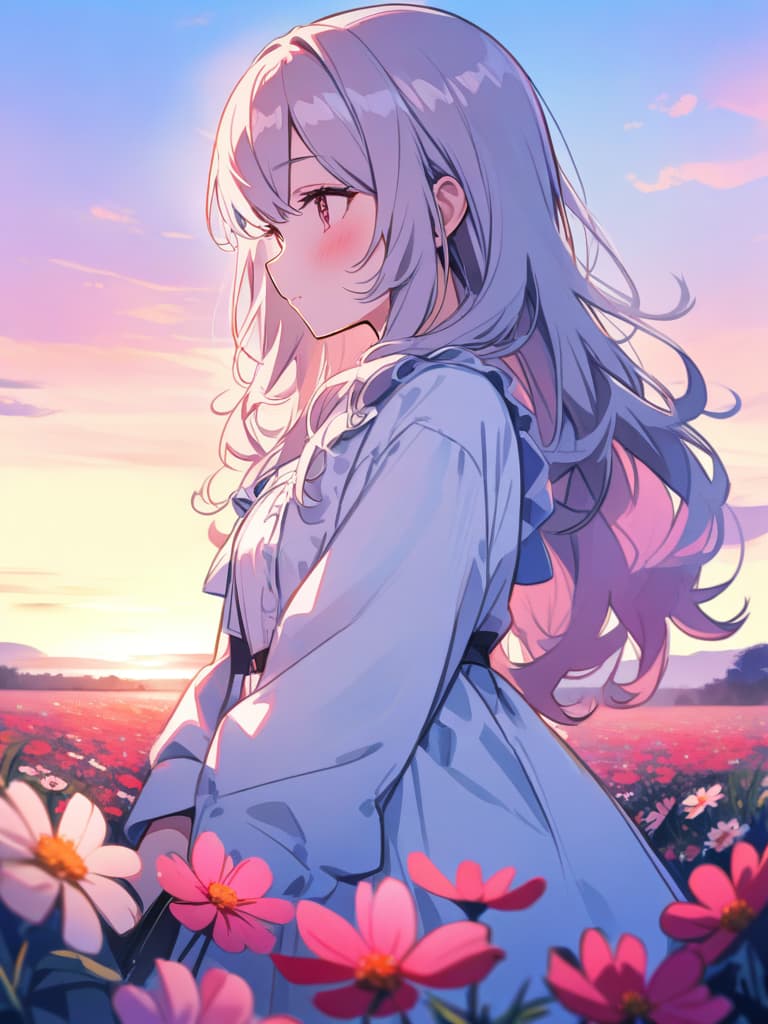  masterpiece,(pastel watercolor style with pink,light blue and white:1.5),(cosmos blooming meadow:1.5),(super beautiful girl),(long fluffy hair:1.7),,profile,sunset,high quality,8k