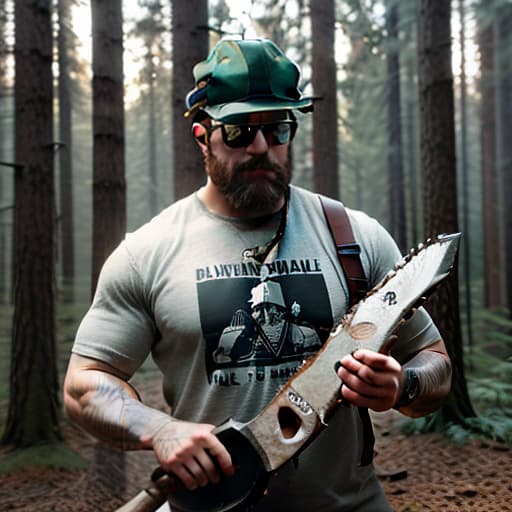  A brutal man, a lumberjack, with a hat, dark glasses, and an axe in his hands. hyperrealistic, full body, detailed clothing, highly detailed, cinematic lighting, stunningly beautiful, intricate, sharp focus, f/1. 8, 85mm, (centered image composition), (professionally color graded), ((bright soft diffused light)), volumetric fog, trending on instagram, trending on tumblr, HDR 4K, 8K