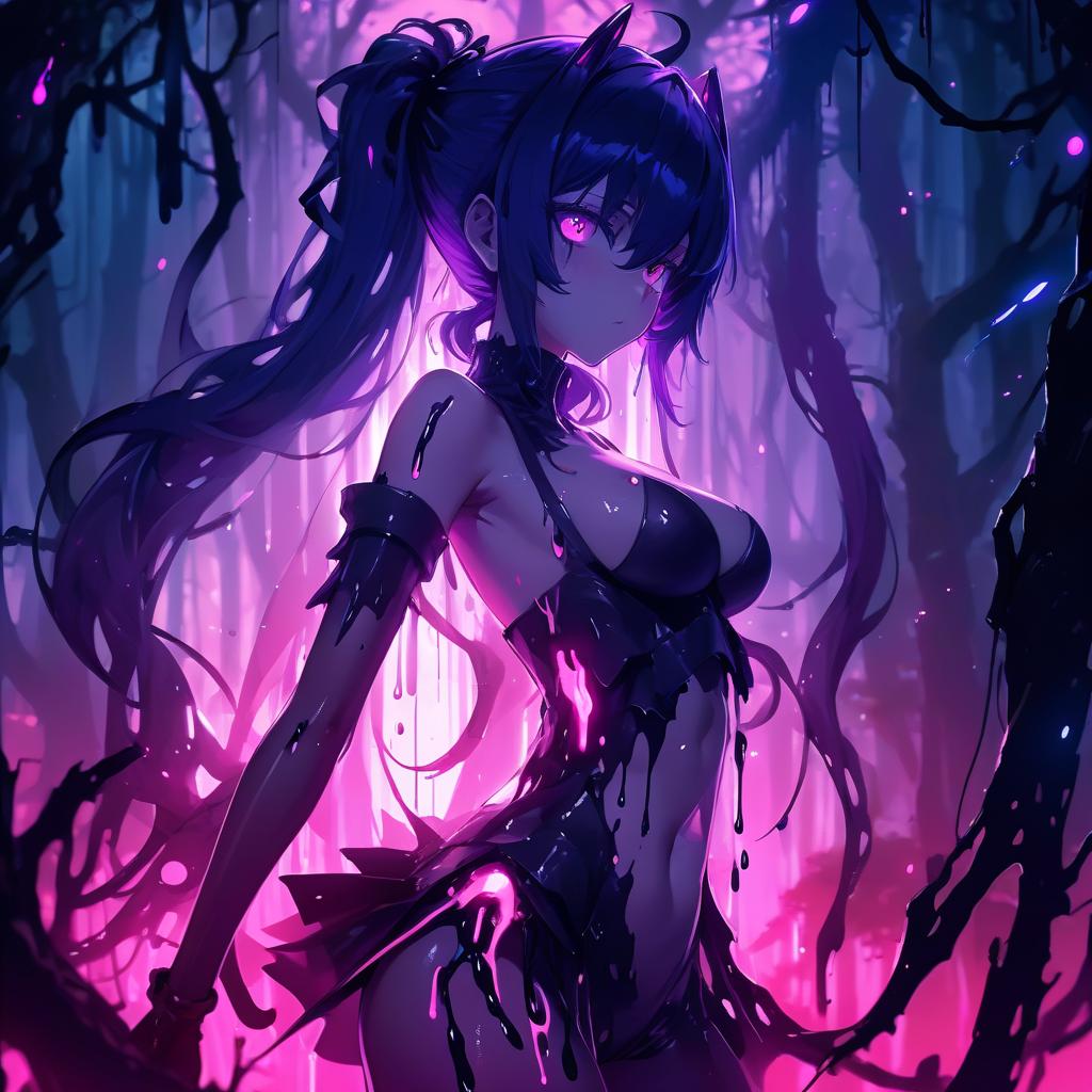  a woman standing in the middle of a forest, dark purple hair and cybernetics, detailed anime character art, blue and pink lighting, dripping black goo, wlop : :, character design : : gothic, streaming on twitch, shalltear from overlord, removed watermarks, sona