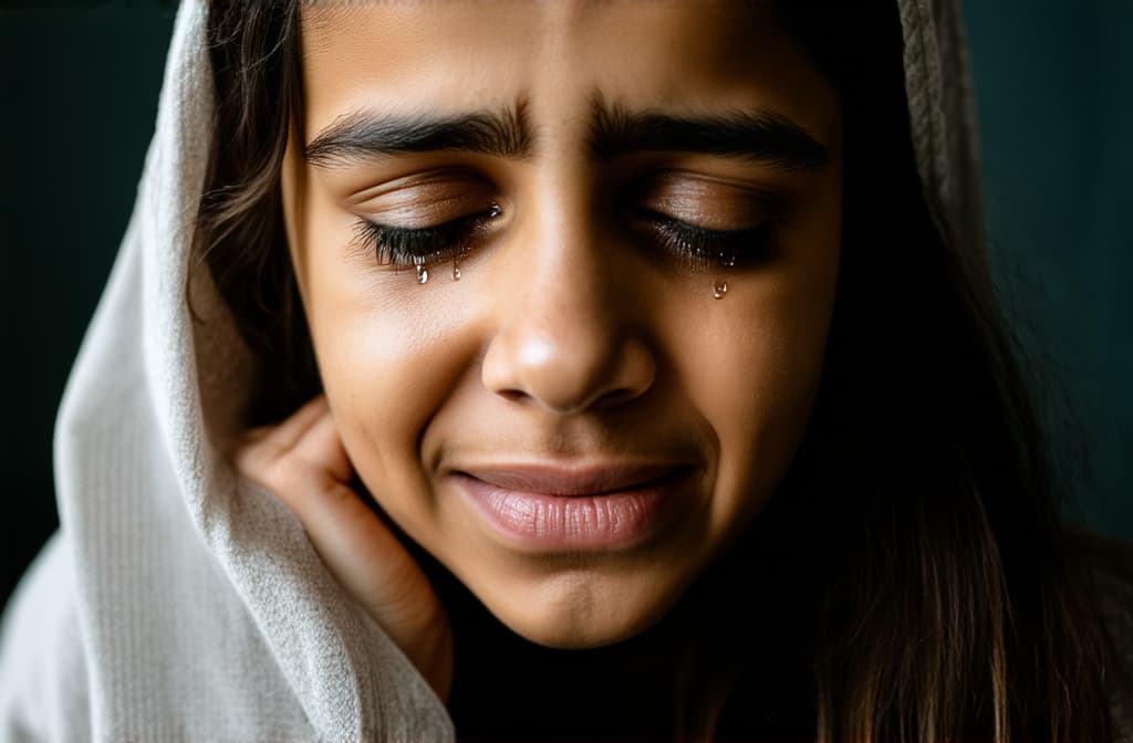  sad young middle eastern girl crying with tears streaming down her cheeks. emotional breakdown, closed eyes and closed mouth ar 3:2, (natural skin texture), highly detailed face, depth of field, hyperrealism, soft light, muted colors