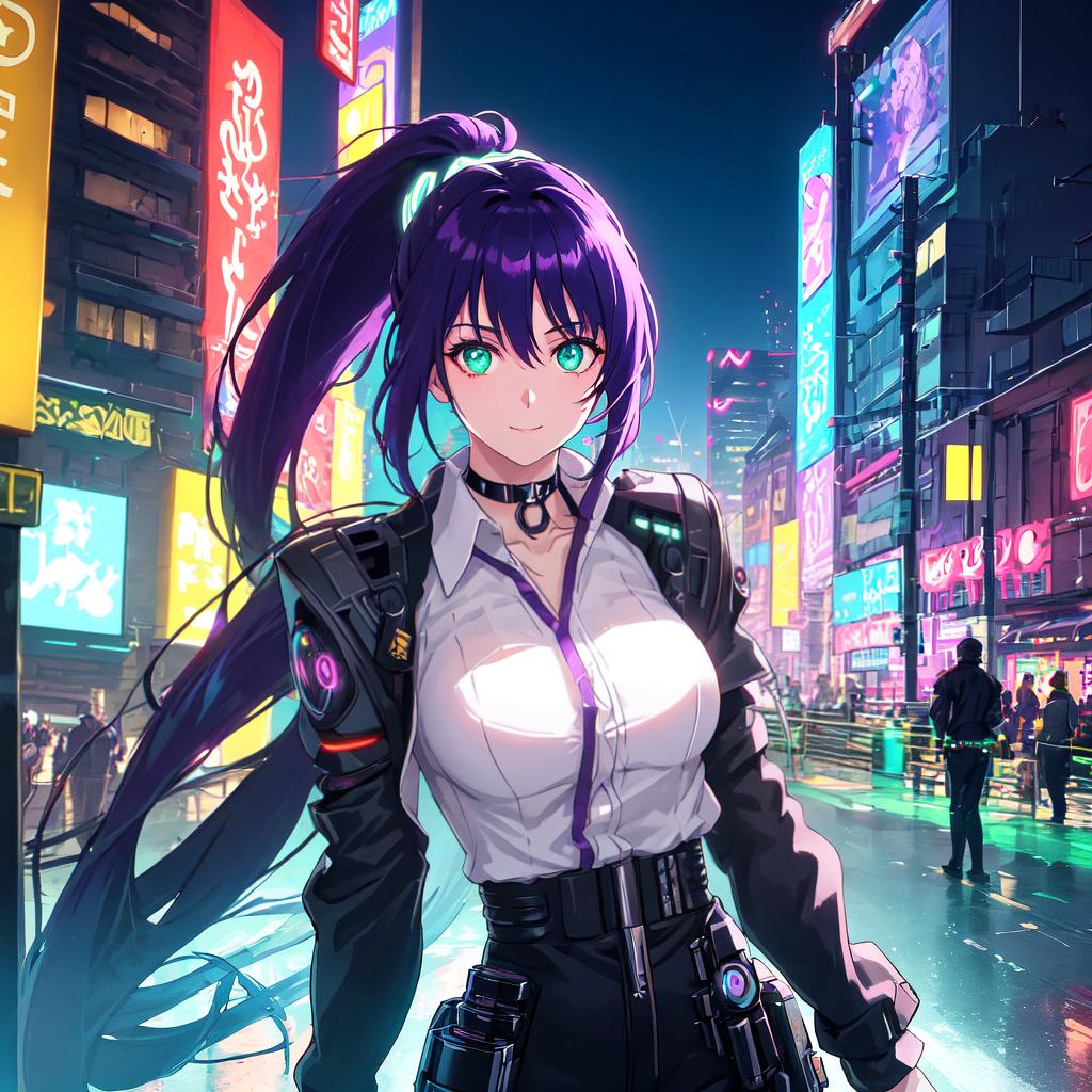  green eyes, purple hair, black choker, simple ponytail, detailed mechanical legs, detailed mechanical body, cyberpunk city, (cyborg body:1.2), perfect face, extreme detailed eyes, (upper body:1.2), smile, white shirt, collared shirt, sleeveless, dystopian, glowing neon lights, sfw, city at (night:1.3), cyberpunk city street, cyberpunk, night, neon lights, award winning, concept art, key visual, vibrant, global illumination, epic composition, epic proportion, Award winning, official art, depth of field, volumetric lighting, reflection, highest detailed, finest detail, ultra detailed, intricate, epic proportion, epic composition, luminous trails, masterpiece, best quality, DSLR, F/2. 8, Lens Flare, 5D, 16k, Super-Resolution, highly detailed,  hyperrealistic, full body, detailed clothing, highly detailed, cinematic lighting, stunningly beautiful, intricate, sharp focus, f/1. 8, 85mm, (centered image composition), (professionally color graded), ((bright soft diffused light)), volumetric fog, trending on instagram, trending on tumblr, HDR 4K, 8K