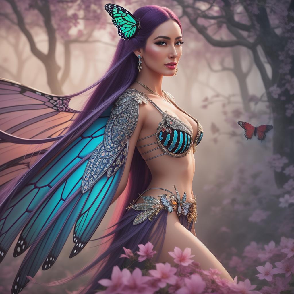  a painting of a woman with a butterfly wings, by Anna Dittmann, butterfly pop art, beautiful fantasy painting, by Pamela Ascherson, by Juliette Wytsman, by Lena Alexander, anna dittman, half-woman half-butterfly, by Eileen Aldridge, beautiful fantasy art portrait, exquisite digital art, by Sally Haley, by Griselda Allan hyperrealistic, full body, detailed clothing, highly detailed, cinematic lighting, stunningly beautiful, intricate, sharp focus, f/1. 8, 85mm, (centered image composition), (professionally color graded), ((bright soft diffused light)), volumetric fog, trending on instagram, trending on tumblr, HDR 4K, 8K