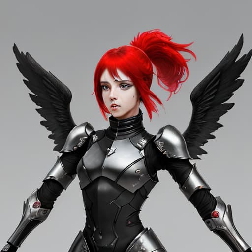  girl, humanity, wearing biological armor, shell, rainbow fully enclosed helmet, (solo: 1.5), dynamic, best quality, masterpiece, c4d, red hair in a ponytail, with eight pairs of black wings, devilish figure, dynamic.