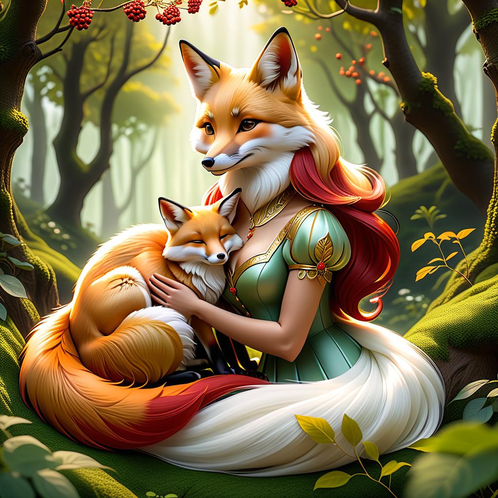  dreamscape (frame):gold round frame decorated with fancy oak leaves and rowan berries. (picture). animalism in fantasy style: little fox sleeping in the arms of big mum fox. appearance of a fox:sweetly sleeping curled up in a ball. (colours):orange, red, white, beige, gold, all shades of green, brown, brown gold. (style):animalism, fantasy, fairy tale, tenderness, kindness, calmness, cartoon . surreal, ethereal, dreamy, mysterious, fantasy, highly detailed, civitai, hkmagic hyperrealistic, full body, detailed clothing, highly detailed, cinematic lighting, stunningly beautiful, intricate, sharp focus, f/1. 8, 85mm, (centered image composition), (professionally color graded), ((bright soft diffused light)), volumetric fog, trending on instagram, trending on tumblr, HDR 4K, 8K