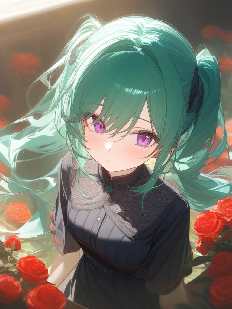  blue green hair, twin tails, purple eyes, red flowers, black dress, masterpiece, best quality,8k,ultra detailed,high resolution,an extremely delicate and beautiful,hyper detail