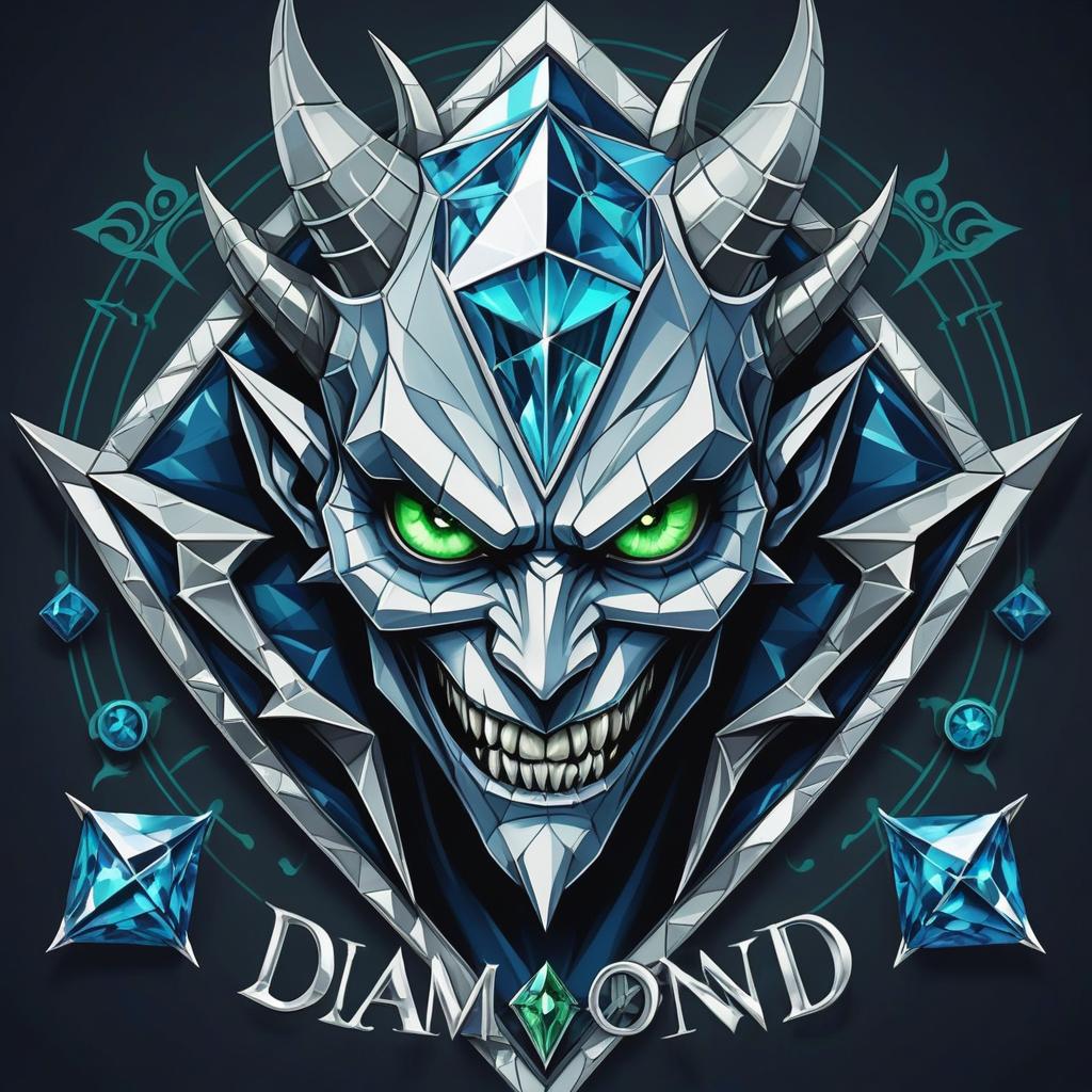  diamond devil, portrait. dark green eyes, man. hair gray. with fangs and horns. colors blue, blue, silver