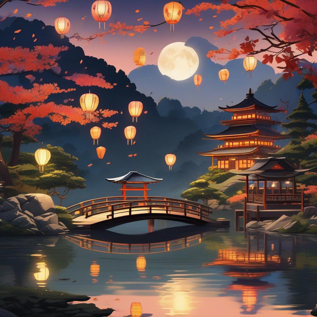  masterpiece, best quality, (Fidelity: 1.4), Best Quality, Masterpiece, Ultra High Resolution, 8k resolution, A night view inspired by Japanese art, featuring a garden illuminated by paper lanterns and a wooden bridge spanning a tranquil lake, by the lakeside, there is a small Zen temple. The water reflects the starry sky.