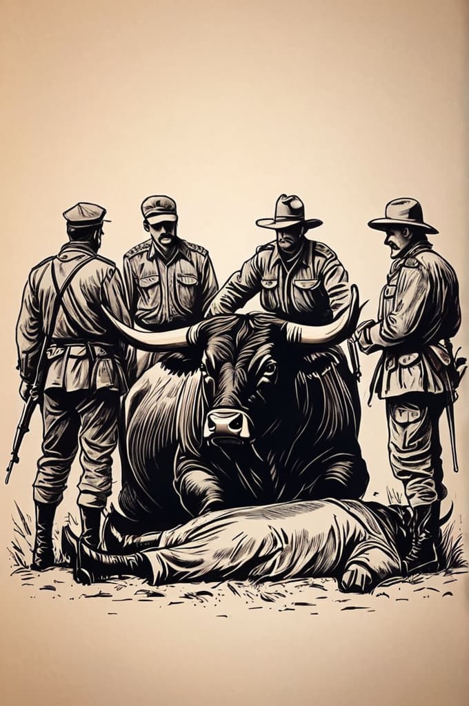  draw four mans standing together against three soldiers and they all standing on dead bodies of bulls, (tattoo sketch:1.25), drawing