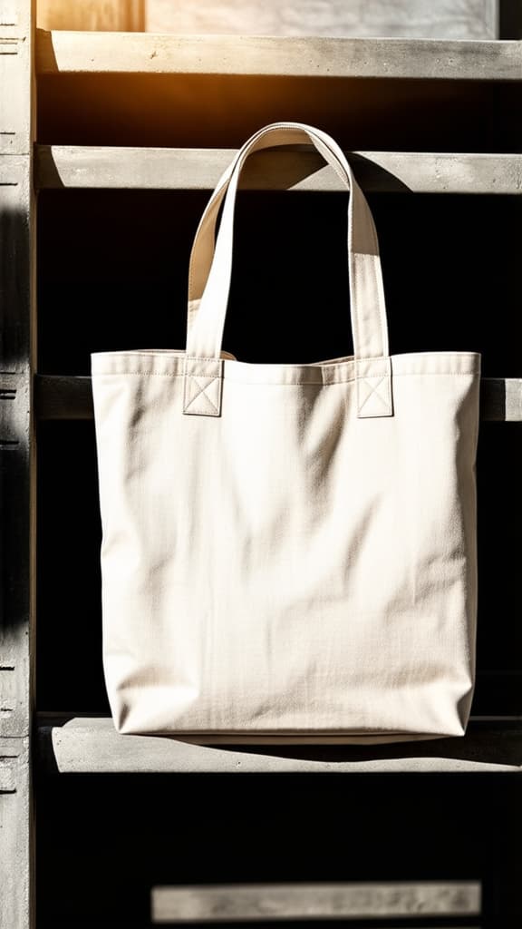  tote bag mockup template on a concrete ladder with deep sunlit shadows. isolated surface to place your design. ar 9:16 {prompt}, maximum details