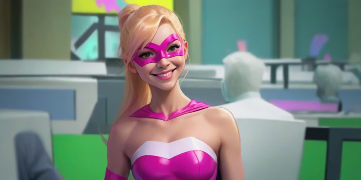  concept art superheroine, young woman, blonde hair with pink streak, pink mask, hairstyle high ponytail smile . digital artwork, illustrative, painterly, matte painting, highly detailed