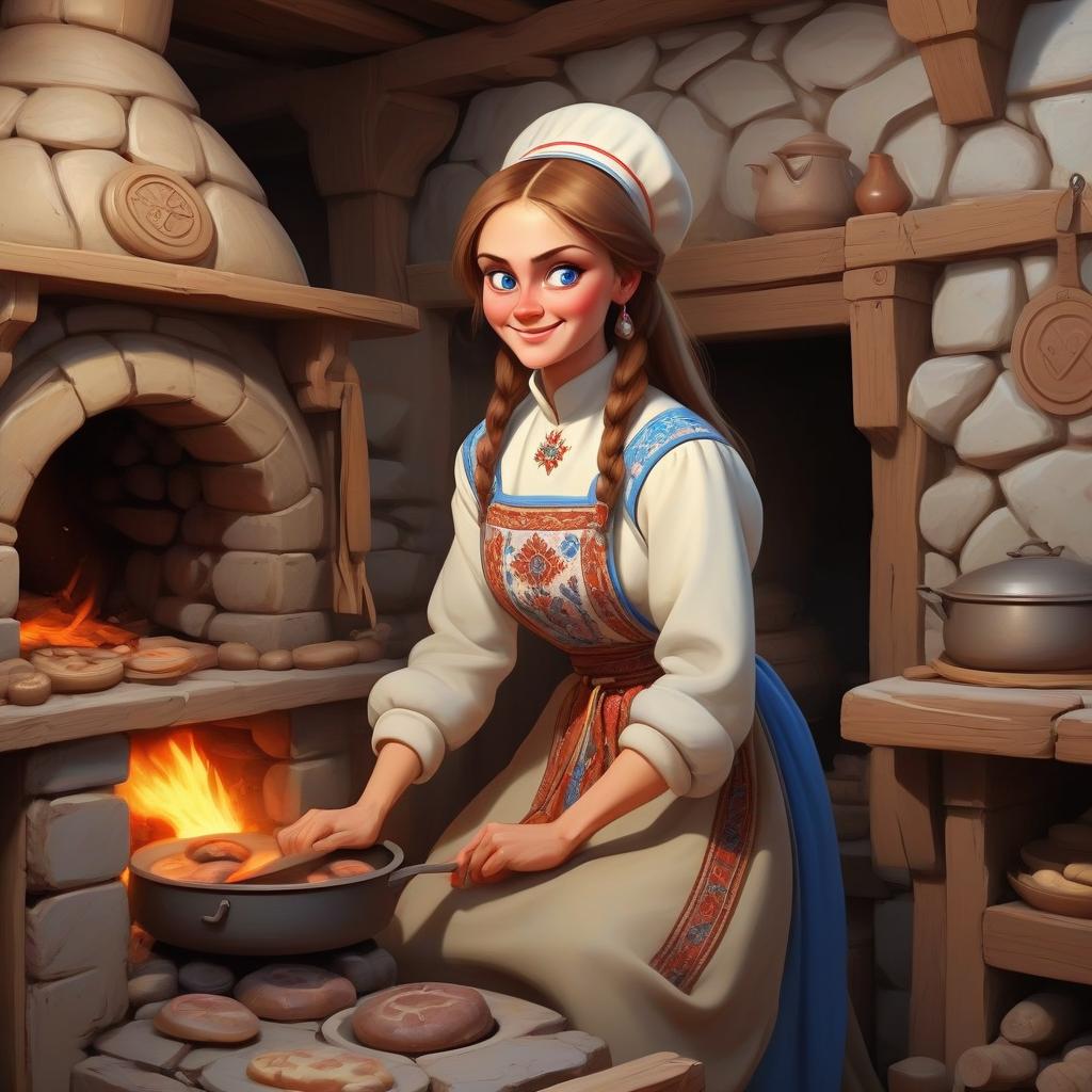  masterpiece, the best quality, a russian woman in traditional clothes cooks in a stone oven, (fast and dexterous movements: 1.2), a very light smile, tense, piercing eyes, blue eyes, (decisive expression: 0.9), flowing brown hair, brown eyes, dressed in a traditional russian outfit, cooks in the open air, inside a wooden castle, against the background of an ancient russian throne room in a wooden castle, cartoon style, cute, modernism,