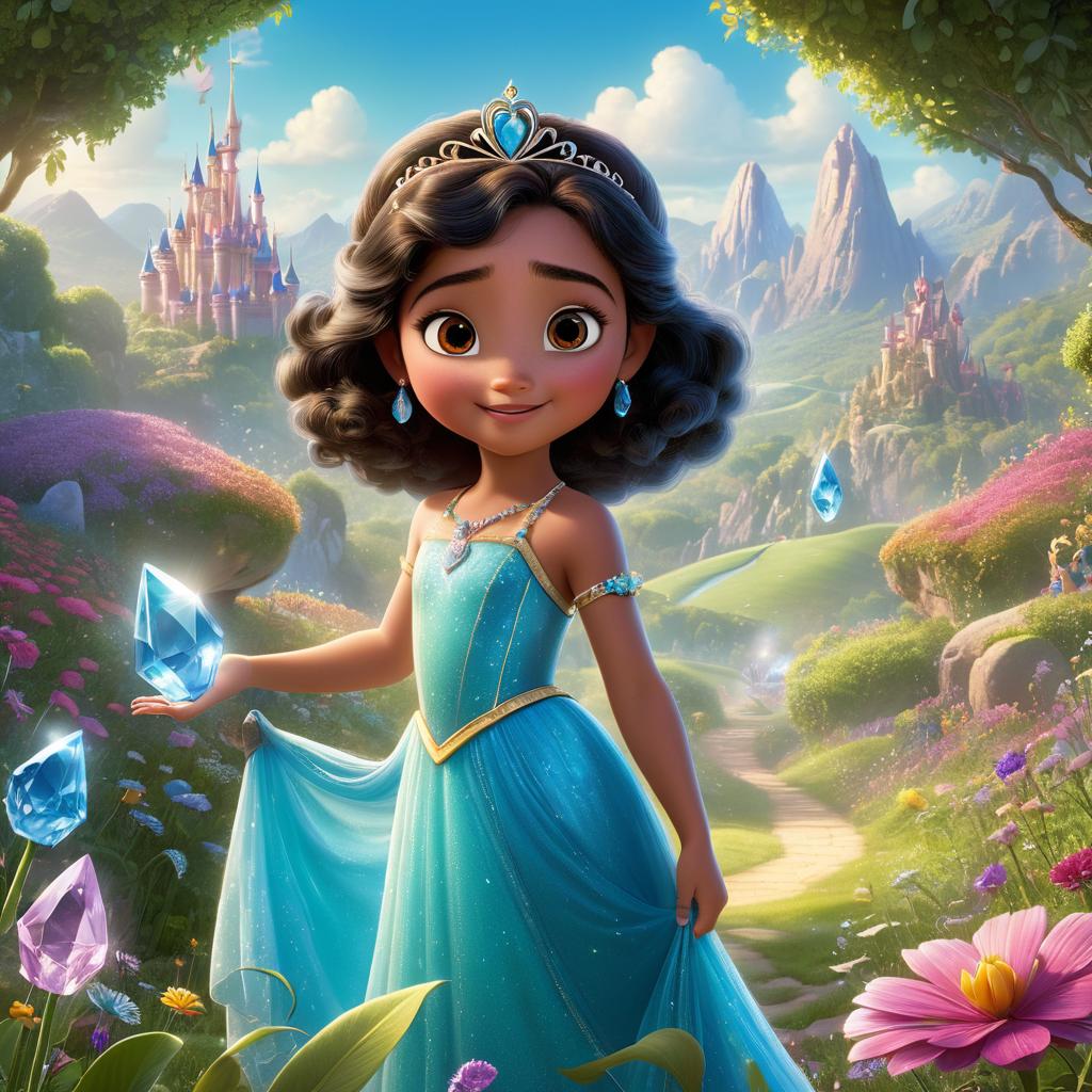  in 3d animated movie style. disney pixar style. masooma, 6, a curious, imaginative in a colorful dress and tiara, and sparky, a and wise character, deciphering crystals in magical meadows. high res pixar 3d style, vint color palette, soft bright lighting. bird's eye view of them arranging crystals to reveal hidden path in enchanting setting.