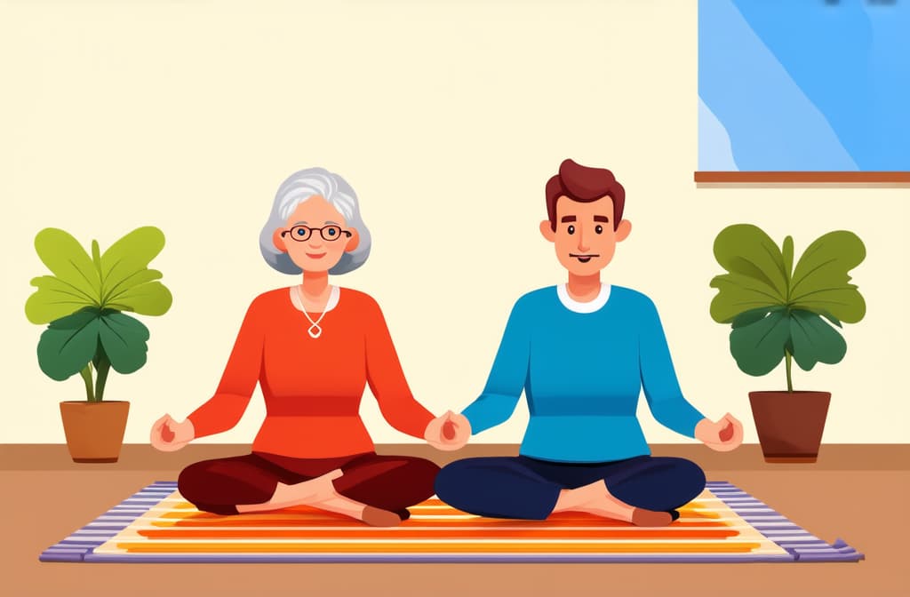  cute old lady and man sitting on the rug and meditating. style flat illustration ar 3:2 {prompt}, maximum details