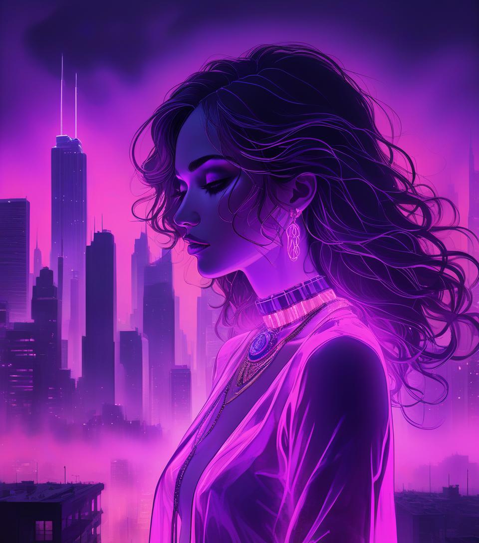  a foggy and vibrant neon colors scene with the silhouette of a woman's face emerging from the background. the woman's face has long, wavy hair and wears a necklace. the background contains a cityscape with tall buildings. the scene has a purple hue.