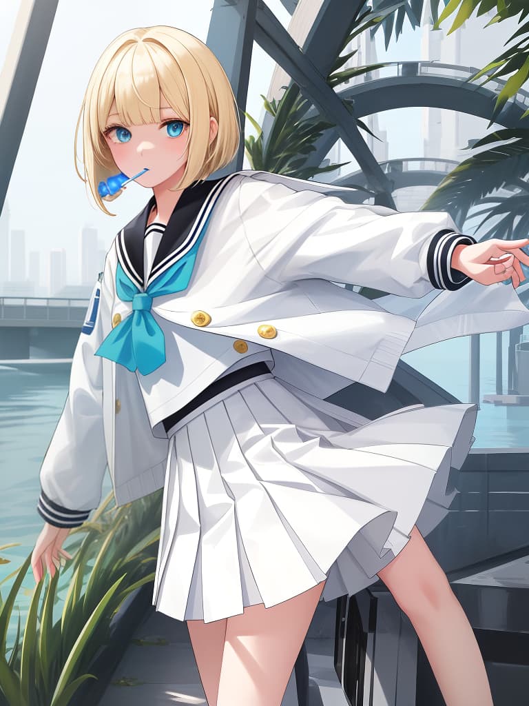  a girl who smokes cigarettes, white sailor uniforms, white pleated skirts, whole body, black loafers, blue eyes, blonde bob hair, summer sailor, souvenir jacket, snake tattoo, standing out, white, white, white. sailor suit, red headphones, green souvenir jacket, 綣 綣, masterpiece, best quality,8k,ultra detailed,high resolution,an extremely delicate and beautiful,hyper detail