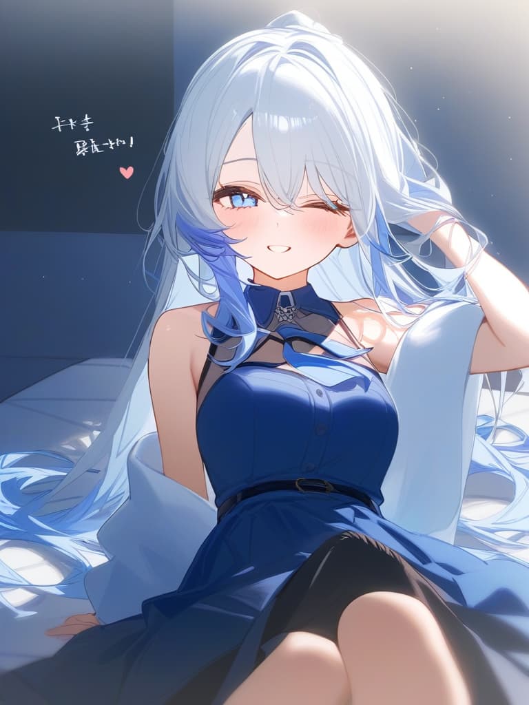  500 thanks board text,1girl,best quality,gradation hair,white hair,blue hair,