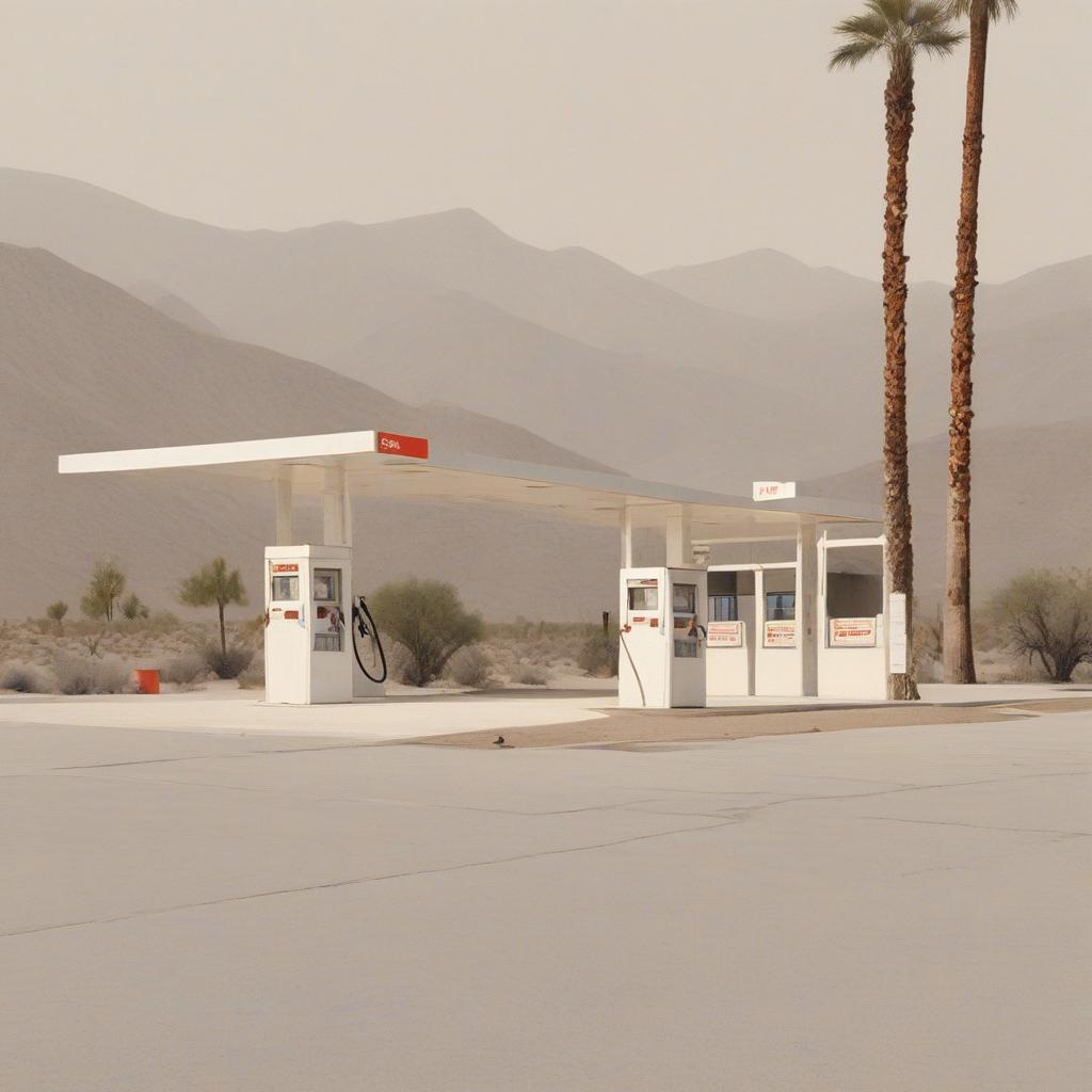  minimalism, nameless empty gas station in la desert giclee print, abstract, simple geometic shapes, hard edges, sleek contours, minimalism