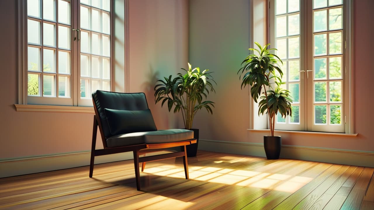  a serene, clutter free room featuring a single, simple chair, a small potted plant, and a large window with soft sunlight streaming in, casting gentle shadows on the wooden floor. hyperrealistic, full body, detailed clothing, highly detailed, cinematic lighting, stunningly beautiful, intricate, sharp focus, f/1. 8, 85mm, (centered image composition), (professionally color graded), ((bright soft diffused light)), volumetric fog, trending on instagram, trending on tumblr, HDR 4K, 8K