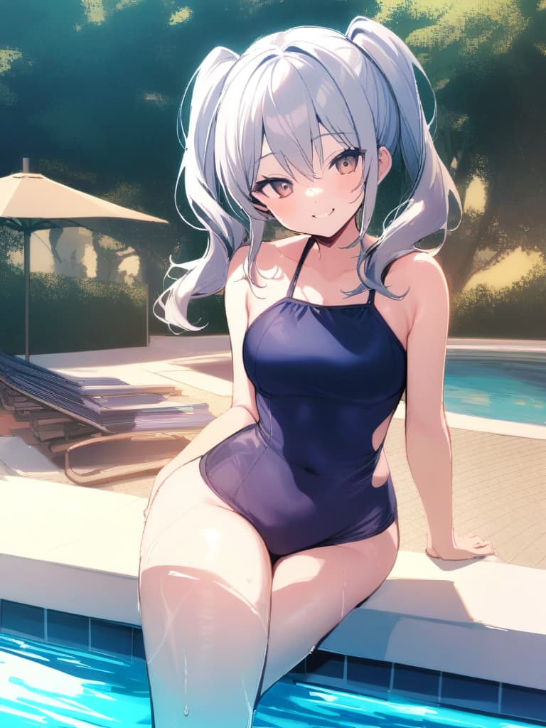  women's elementary students, twin tails, rich smiles, cute smiles, navy blue swimwear, old swimwear, swimwear, simple, male, shaped clear , shaped clear, clear stem, shaped crisp, male bulge,, front. the whole body, pool side,