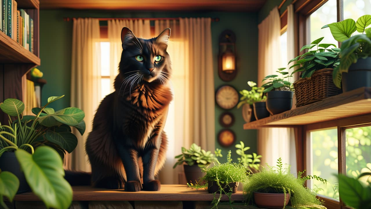  a sunlit room with rustic wooden cat shelves adorned with lush green plants, a fluffy cat lounging comfortably, soft textures, warm colors, and eco friendly materials, creating a serene and inviting atmosphere for feline relaxation. hyperrealistic, full body, detailed clothing, highly detailed, cinematic lighting, stunningly beautiful, intricate, sharp focus, f/1. 8, 85mm, (centered image composition), (professionally color graded), ((bright soft diffused light)), volumetric fog, trending on instagram, trending on tumblr, HDR 4K, 8K