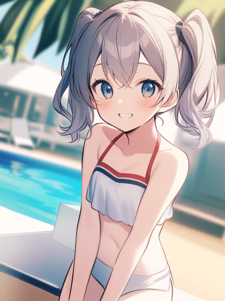  junior high s, twin tails, cute smiles, swimwear, clear,